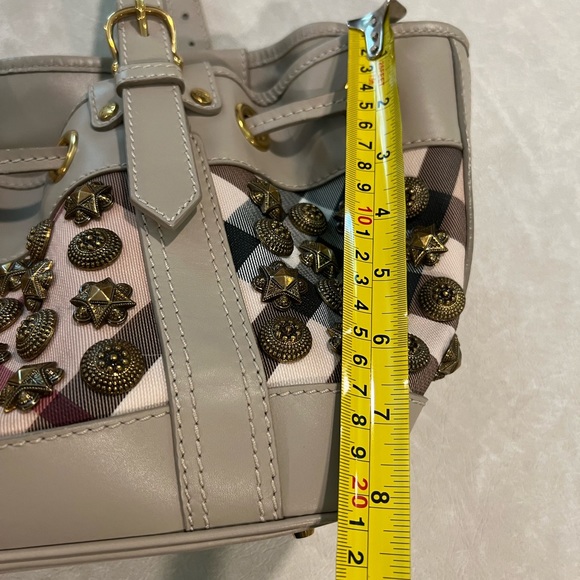 Burberry Taupe Leather Supernova Check Coated Canvas Gold Studs Bag - Picture 12 of 14